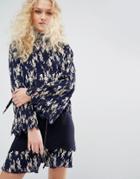 I Love Friday Pleated Shirt In Floral Print With Bow - Navy
