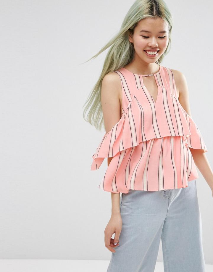Asos Tiered Cold Shoulder Top In Stripe - Multi
