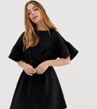 Asos Design Petite Slub Mini Dress With Frill Sleeve And Belt - Black
