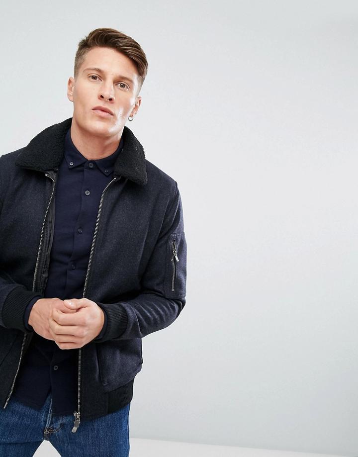 Jack & Jones Premium Wool Jacket With Fleece Collar - Gray