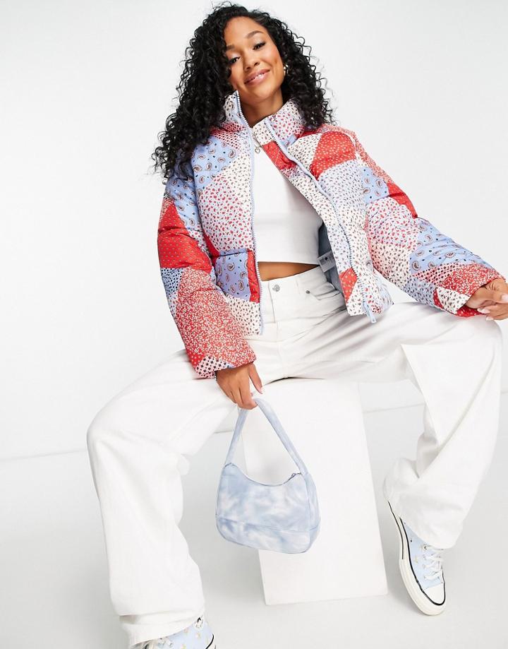 Monki Sue Recycled Short Printed Padded Jacket In Multi