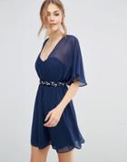 Asos 3d Floral Waist Skater Dress - Blue