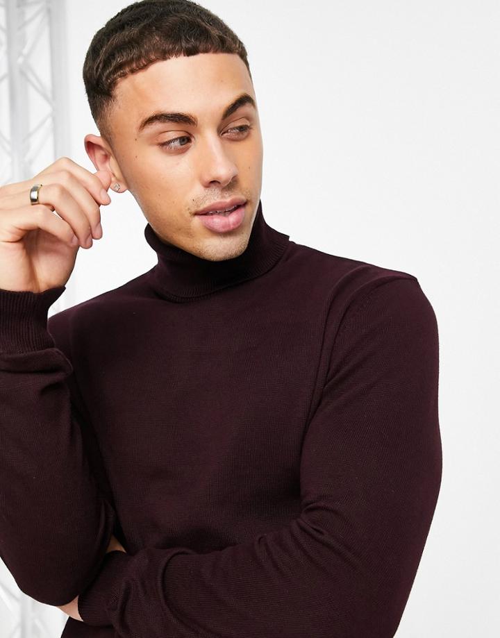 Brave Soul Cotton Roll Neck Sweater In Dark Burgundy-red