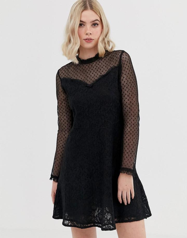Brave Soul Spot Mesh Skater Dress-black