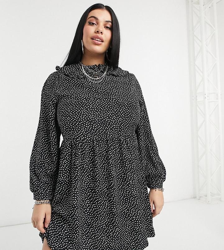 Daisy Street Plus Long Sleeve Mini Smock Dress With Collar In Ditsy Polka Hearts-black