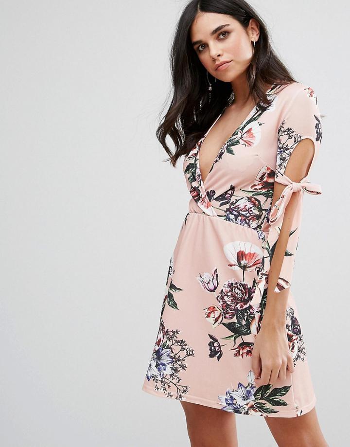 Oh My Love Plunge Tea Dress With Tie Sleeves In Floral Print - Pink