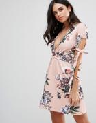Oh My Love Plunge Tea Dress With Tie Sleeves In Floral Print - Pink
