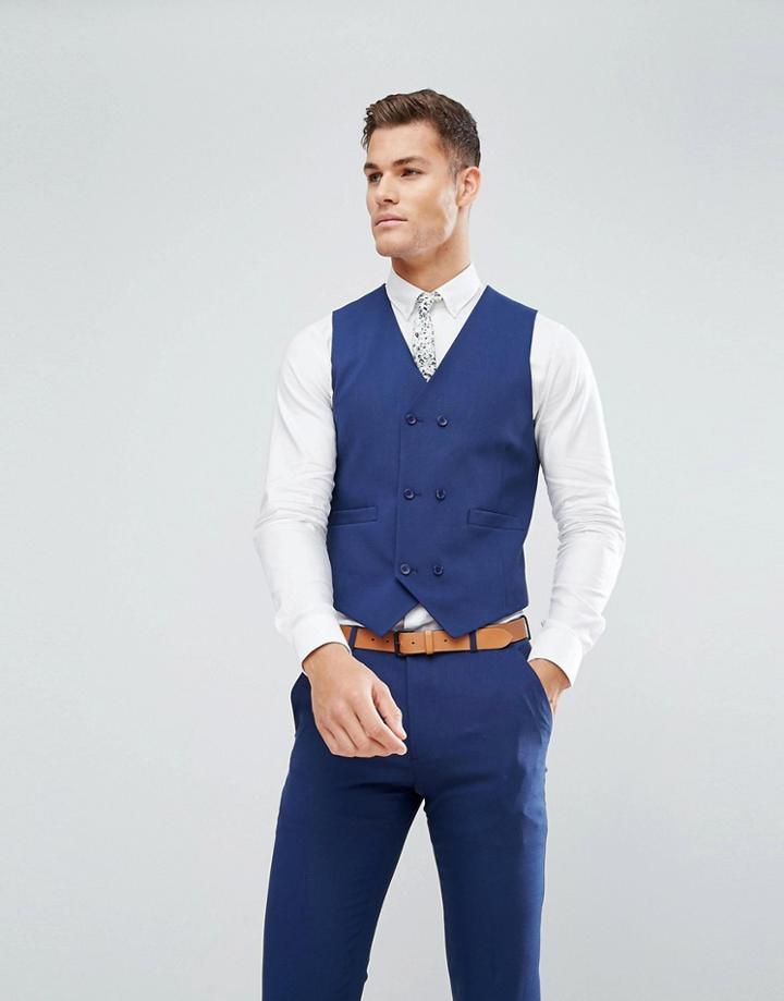 Asos Wedding Skinny Suit Vest In Blue Cross Hatch With Printed Lining - Navy