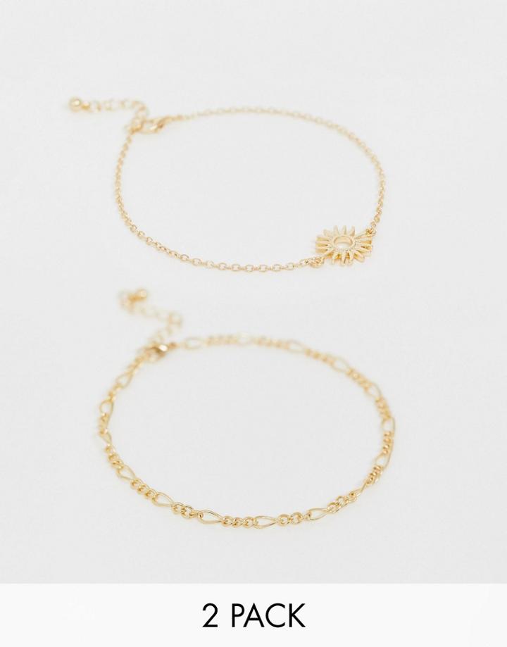Asos Design Pack Of 2 Anklets With Sun Charm And Chain In Gold Tone - Gold