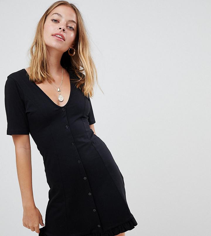 Asos Design Petite Button Through Tea Dress With Frill Hem - Black