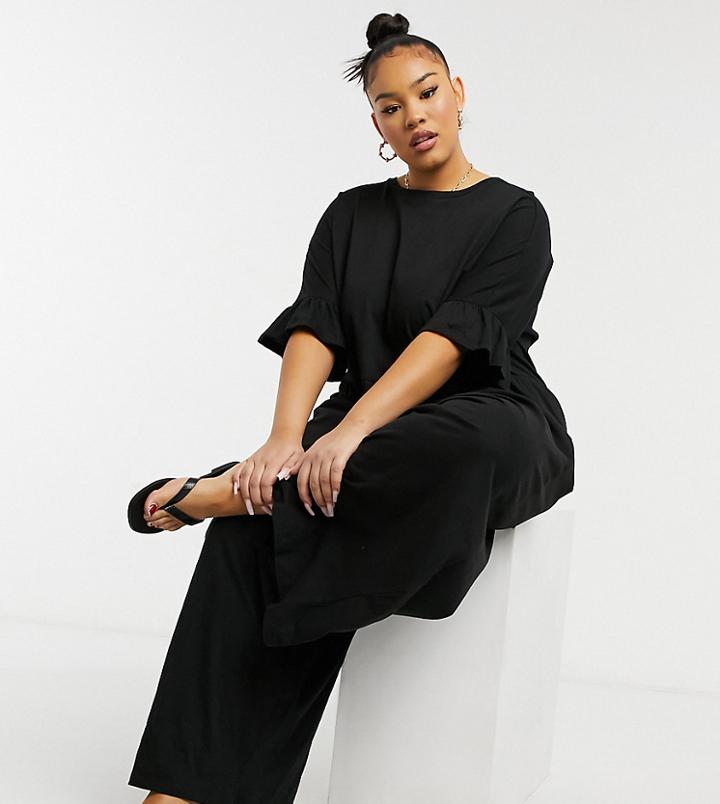 Asos Design Curve Jersey Smock Jumpsuit With Ruffle Sleeve In Black