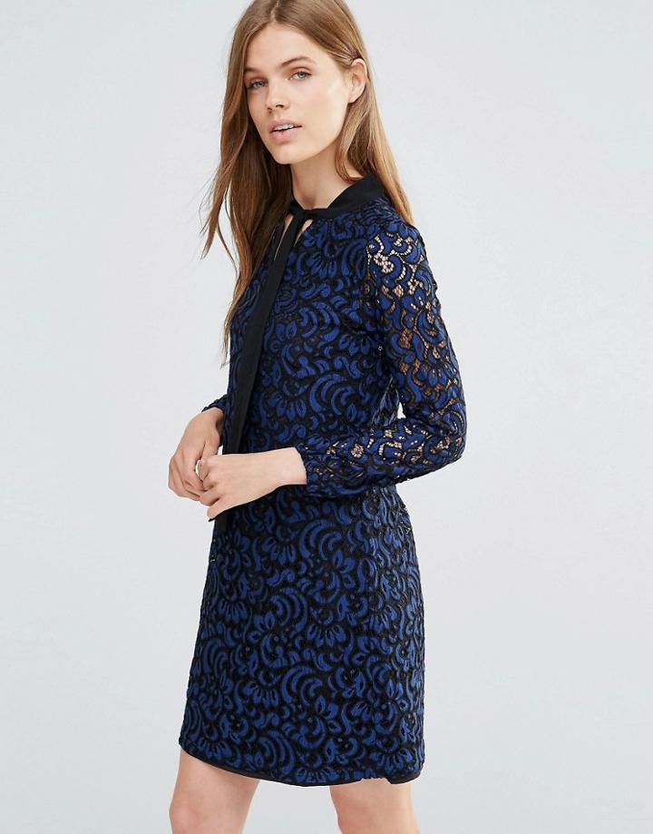 Yumi Long Sleeve Lace Shift Dress With Bow Detail - Navy