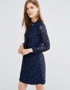 Yumi Long Sleeve Lace Shift Dress With Bow Detail - Navy