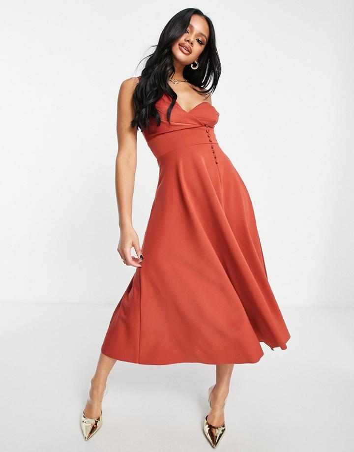 Asos Design Button Detail Midi Prom Dress In Rust-red