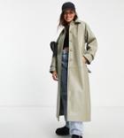 Asos Design Petite Collared Leather Look Trench Coat In Beige-neutral