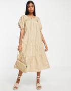Influence Puff Sleeve Smock Midi Dress In Brown Stripe-neutral