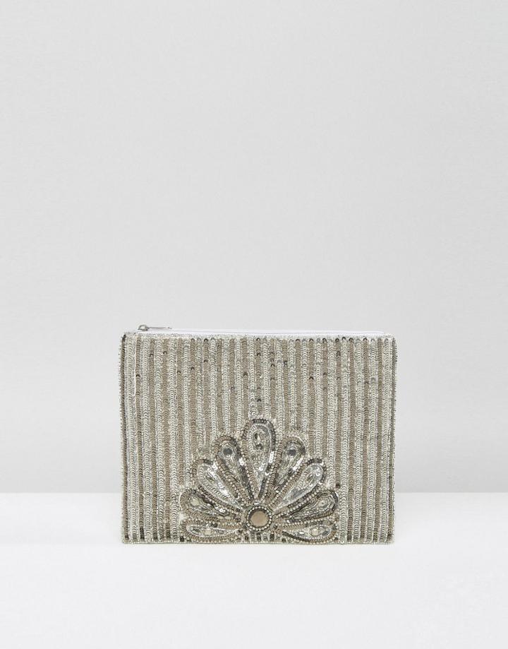 True Decadence Silver Sequin Zip Top Clutch Bag - Silver