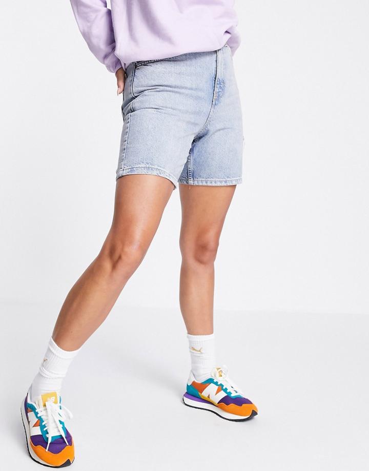 Topshop Side Rip Short In Bleach Wash-blues