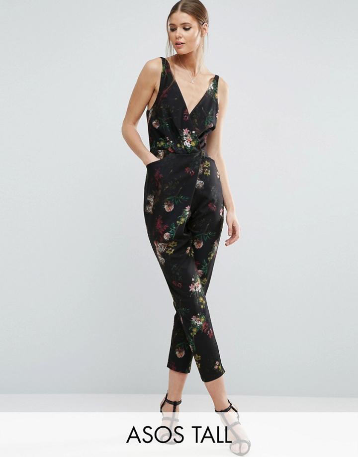 Asos Tall Cami Wrap Jumpsuit With Peg Leg In Floral Tiger Print - Mult