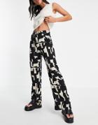 Monki Angelica Ecovero Abstract Print Wide Leg Pants In Black