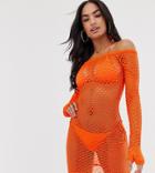 Asos Design Neon Orange Jersey Fishnet Beach Cover Up With Thumb Holes