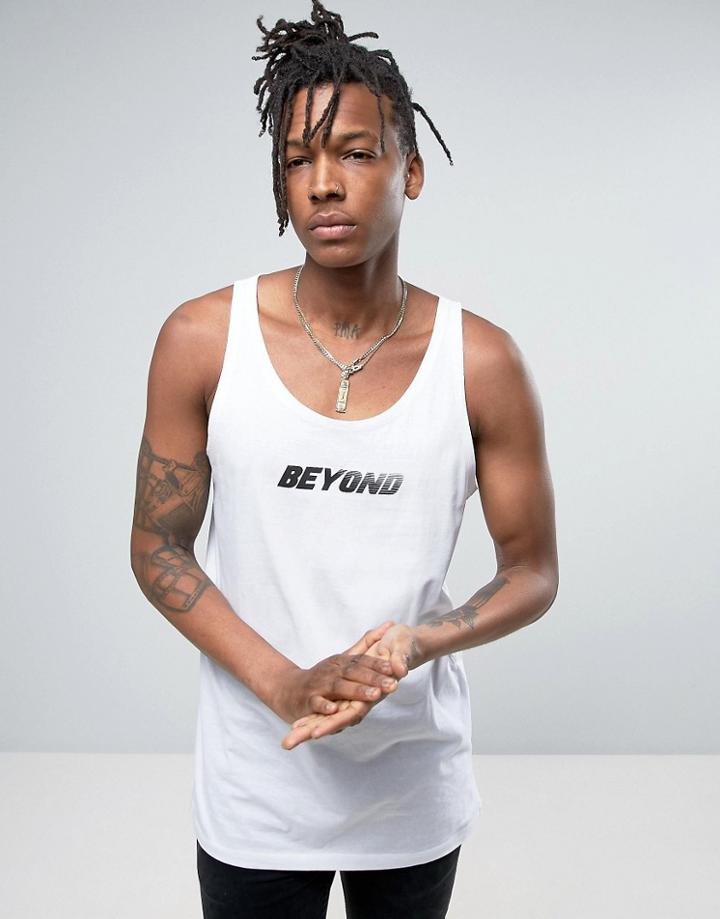 Asos Longline Relaxed Tank With Beyond Text Print - White
