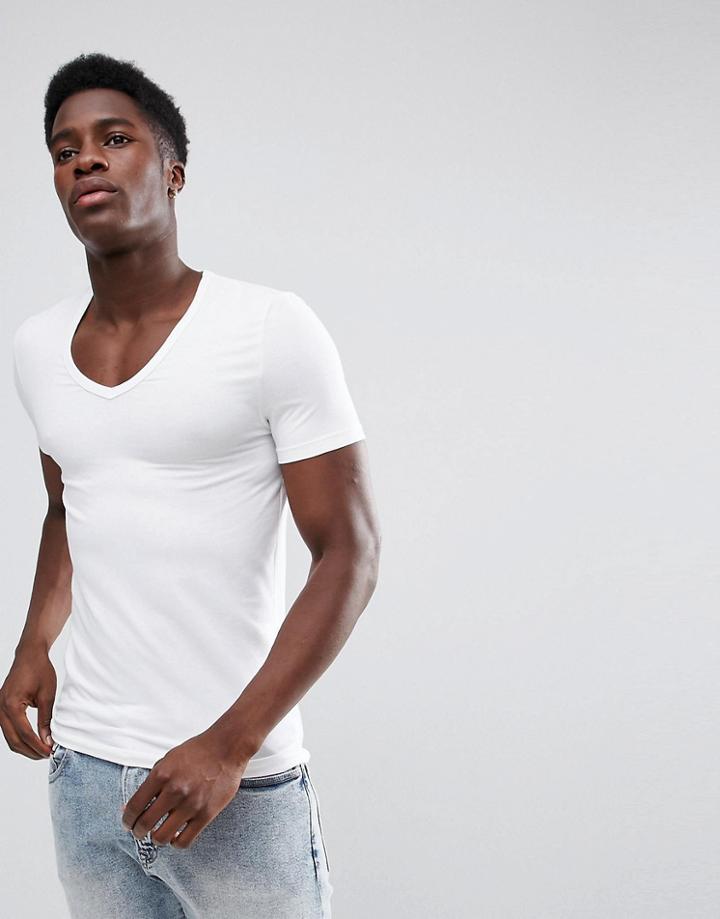 Asos Extreme Muscle Fit T-shirt With Deep V Neck And Stretch In White - White