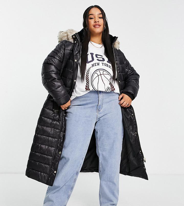 River Island Plus Longline Padded Jacket With Faux Fur Hood In Black