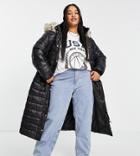 River Island Plus Longline Padded Jacket With Faux Fur Hood In Black
