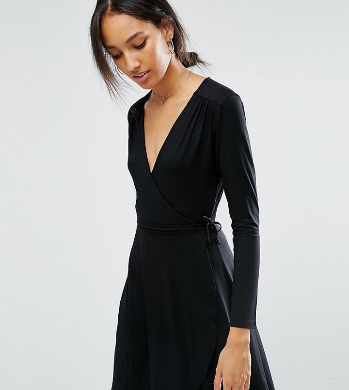 Asos Tall Mini Wrap Tea Dress With Long Sleeve - Black
