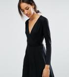 Asos Tall Mini Wrap Tea Dress With Long Sleeve - Black