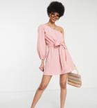 Asos Design Tall One Shoulder Belted Beach Mini Dress In Pink Super Crinkle