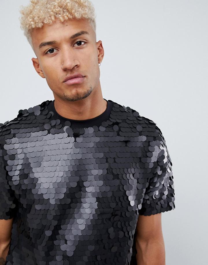 Asos Design Relaxed Longline T-shirt With Large Black Sequins - Black