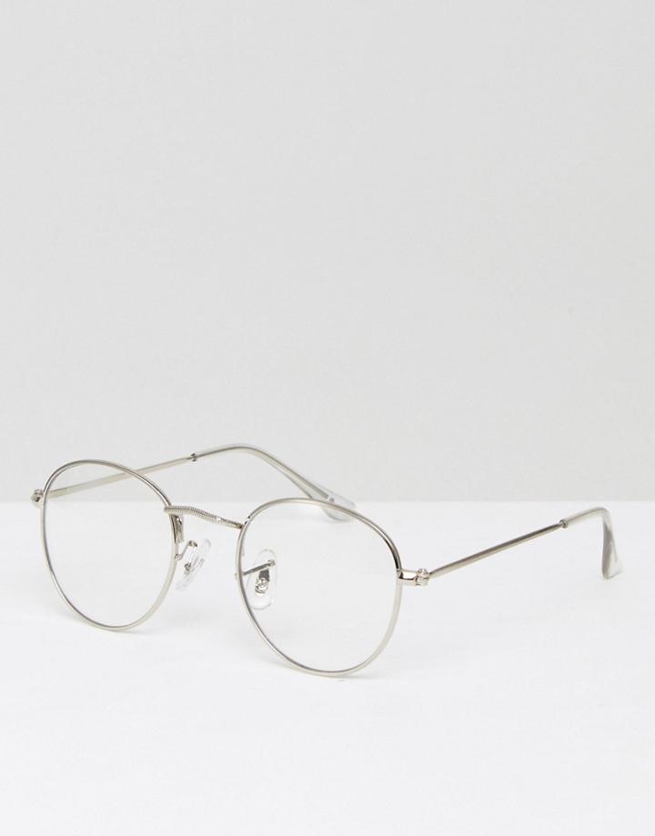 Asos Round Glasses In Silver Metal With Clear Lens - Silver