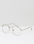 Asos Round Glasses In Silver Metal With Clear Lens - Silver