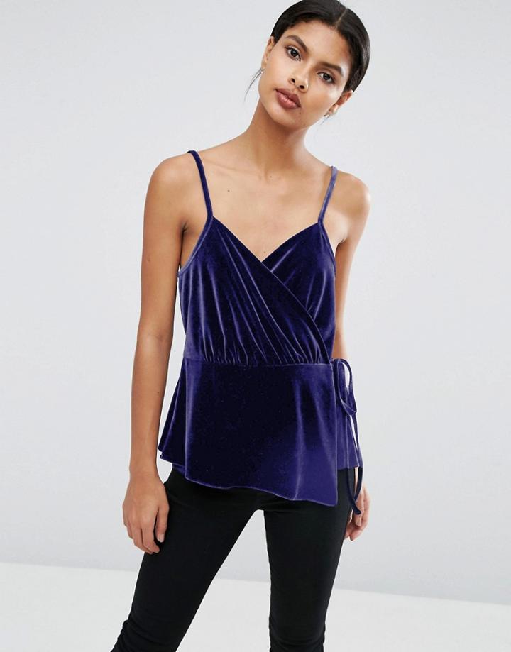 Asos Wrap Cami Top In Velvet - Navy