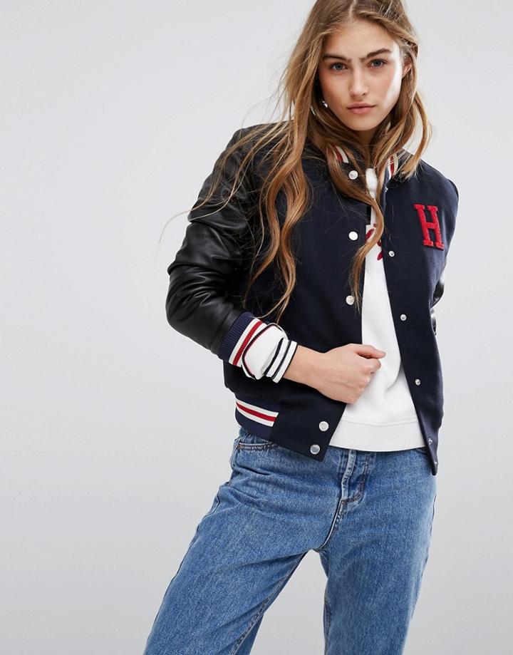 Tommy Hilfiger Varsity Jacket With Leather Sleeves - Navy