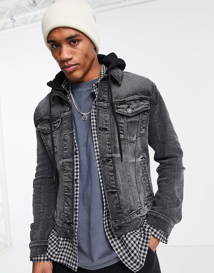 Asos Design Denim Jacket In Washed Black With Detachable Jersey Hood