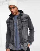 Asos Design Denim Jacket In Washed Black With Detachable Jersey Hood