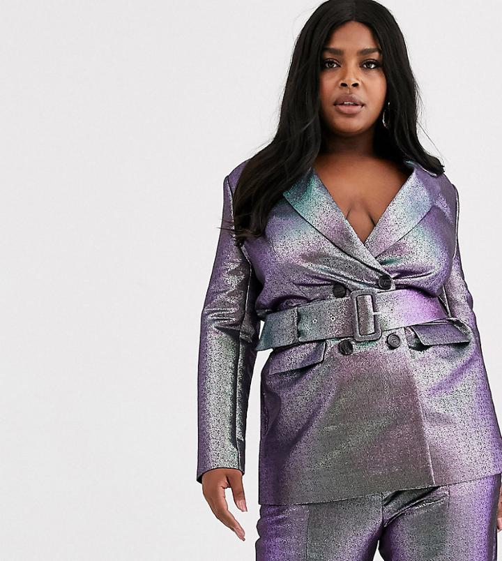 Asos Design Curve Oilslick Metallic Belted Suit Blazer-multi