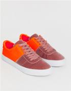 Asos Design Dollis Lace Up Sneakers In Beige Velvet And Neon Orange