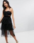 Asos Bandeau Dobby Tiered Mesh Midi Prom Dress-black