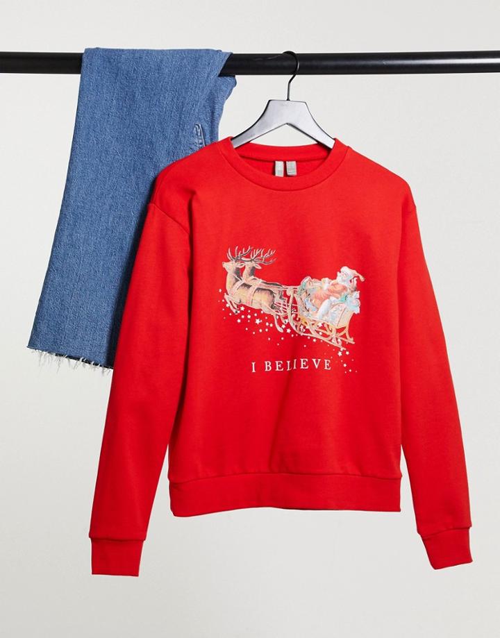 Asos Design Christmas Sweatshirt With I Believe Print In Red
