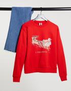 Asos Design Christmas Sweatshirt With I Believe Print In Red