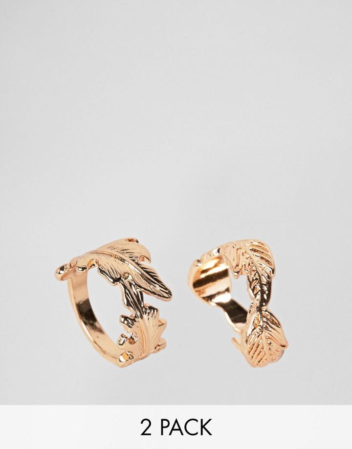 Asos Design Pack Of 2 Rings With Leaf Design In Gold - Gold