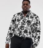 Twisted Tailor Plus Super Skinny Fit Shirt With Flocking In Black And White - White