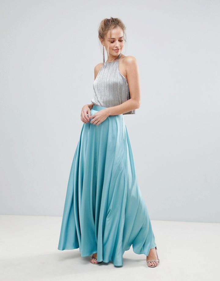 Asos Satin Maxi Skirt With Center Front Split - Green
