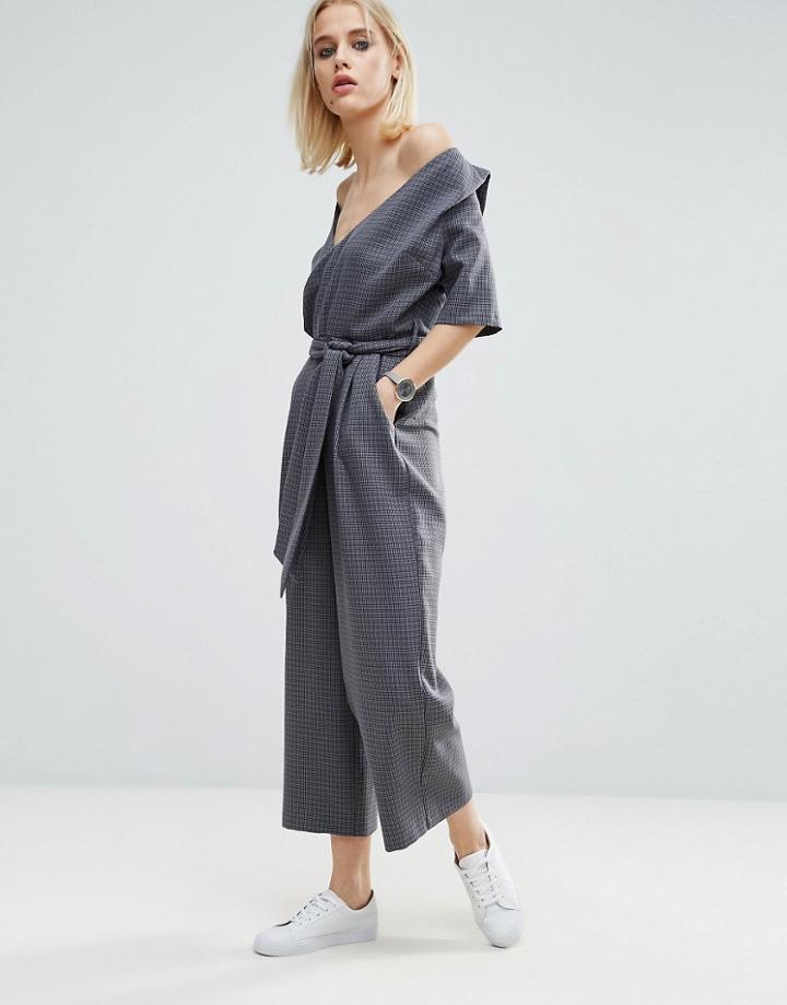Asos Off Shoulder Wrap Jumpsuit In Check - Multi