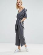 Asos Off Shoulder Wrap Jumpsuit In Check - Multi