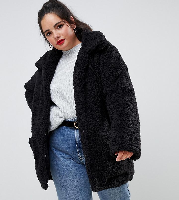 Brave Soul Plus Heavenly Coat In Curly Faux Fur - Black